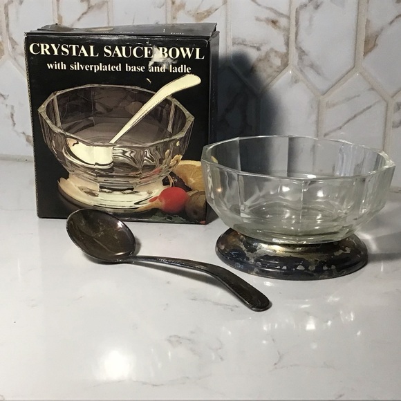 Godinger Other - Vintage Godinger Crystal Sauce Bowl w/ Silver‑Plated Base & Ladle — Italy 1984